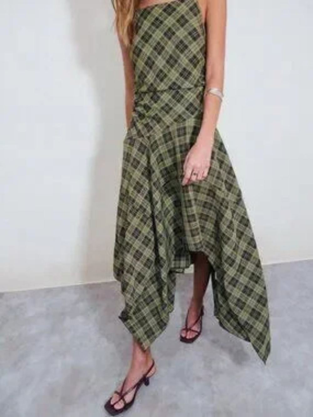 ZARA Green Casual Women's Asymmetrical Plaid Tartan Cami Midi Dress